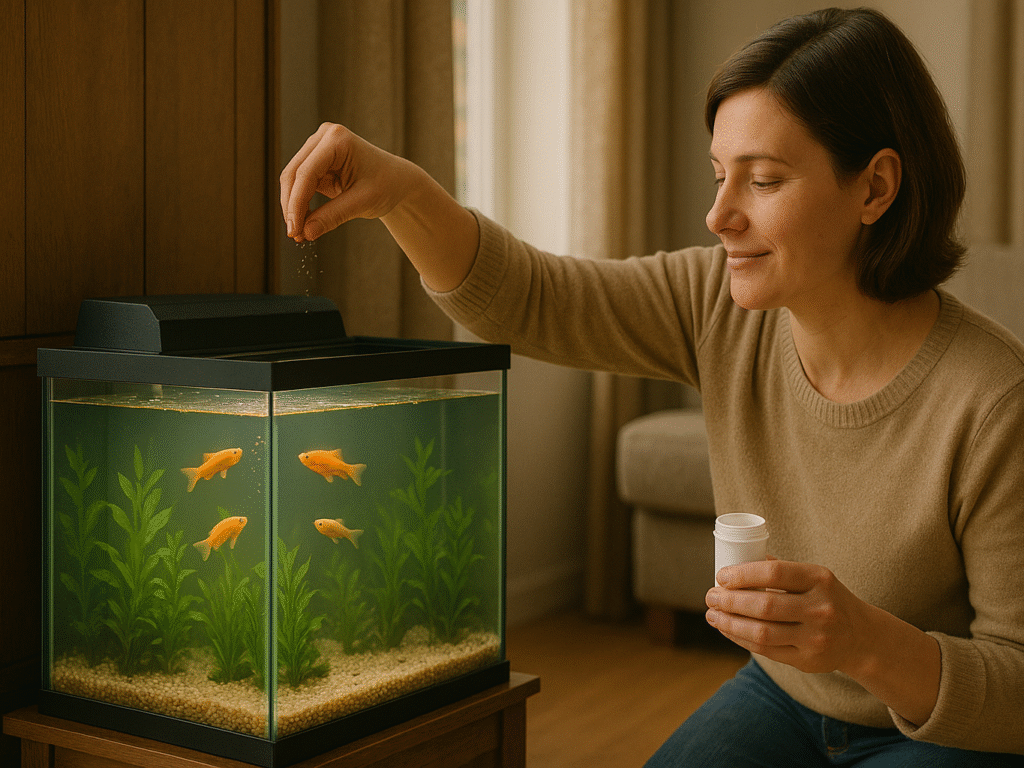 A person gently sprinkling food into a fish tank while colorful fish swim to the surface.

