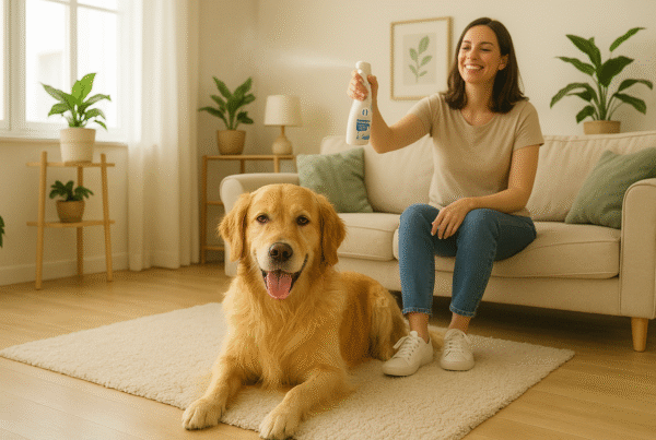 A cheerful woman spraying pet deodorizer in a cozy living room with a golden retriever lying on a clean rug, sunlight streaming through the window.