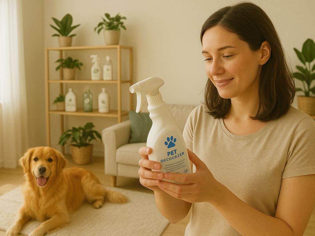 A woman holding a bottle of pet-safe deodorizer in a bright living room.