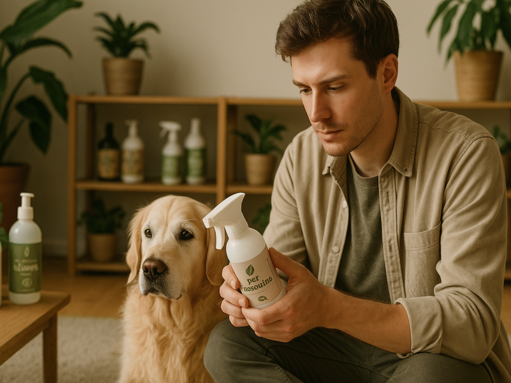 A pet owner reading a pet deodorizer label in a bright home, with a golden retriever nearby, surrounded by safe, natural cleaning products on a shelf.