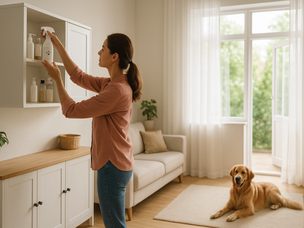 A woman storing a pet deodorizer spray on a high shelf in a clean, sunlit home while her dog lies on the floor, with windows open for ventilation.