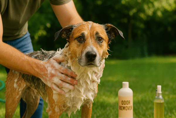 Dog getting a bath outdoors with owner using odor-removing shampoo to eliminate skunk smell.