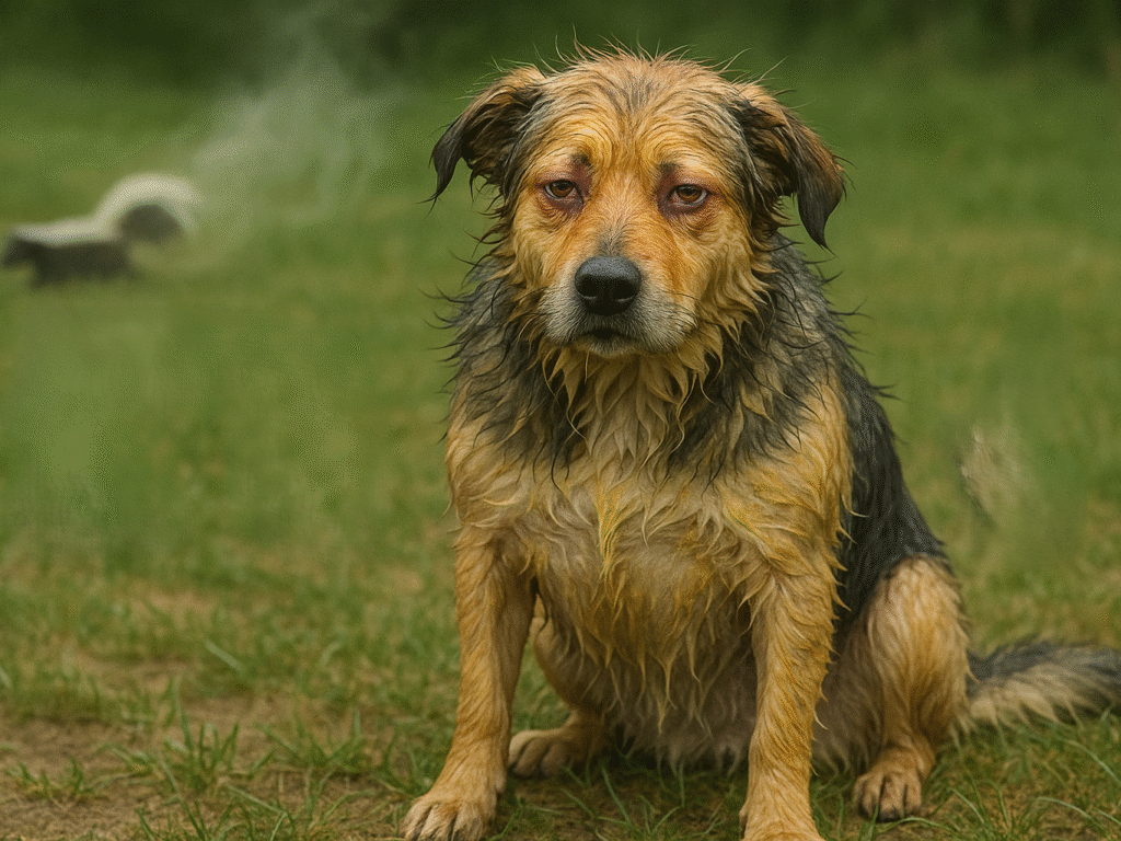 Close-up of a concerned dog with watery eyes and messy fur, sitting outdoors after being sprayed by a skunk, with a faint oily residue on its coat.