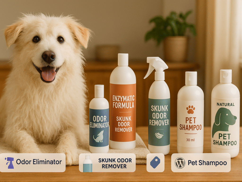Collection of dog odor remover products and shampoos displayed on a table with a happy clean dog sitting nearby, post-bath.