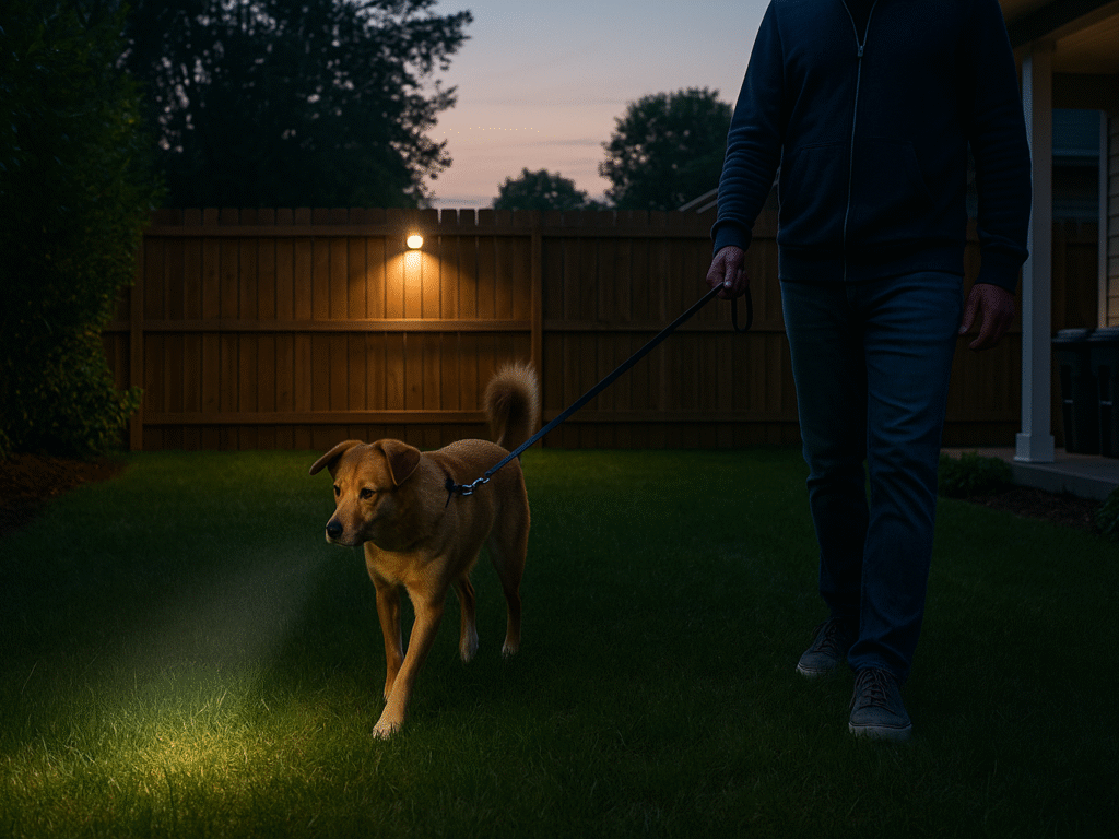 Dog on a leash during an early morning walk, avoiding bushes in a skunk-proof yard with motion lights and secured garbage bins visible.