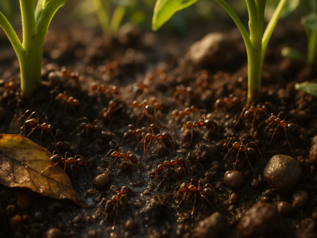 Several ants crawling on soil near the base of a plant, with visible roots, leaves, and organic debris.