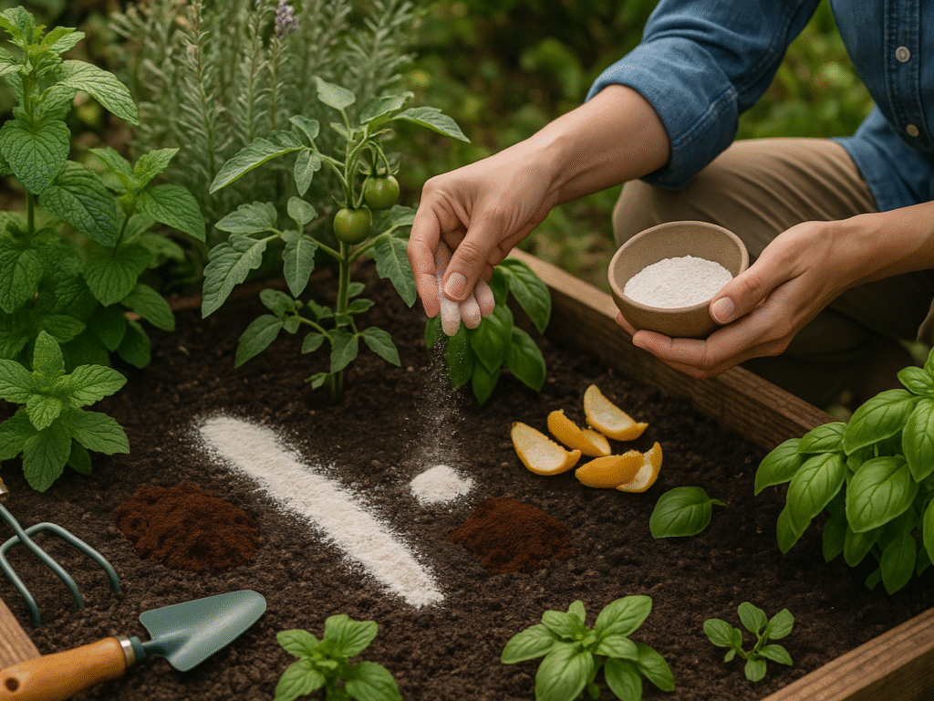 A gardener applying natural remedies like diatomaceous earth and citrus peels around vegetable plants, with companion herbs growing nearby.