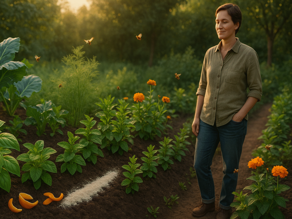 A thriving garden with a variety of healthy plants, herbs, and flowers, where natural materials like citrus peels and mint are visibly placed.