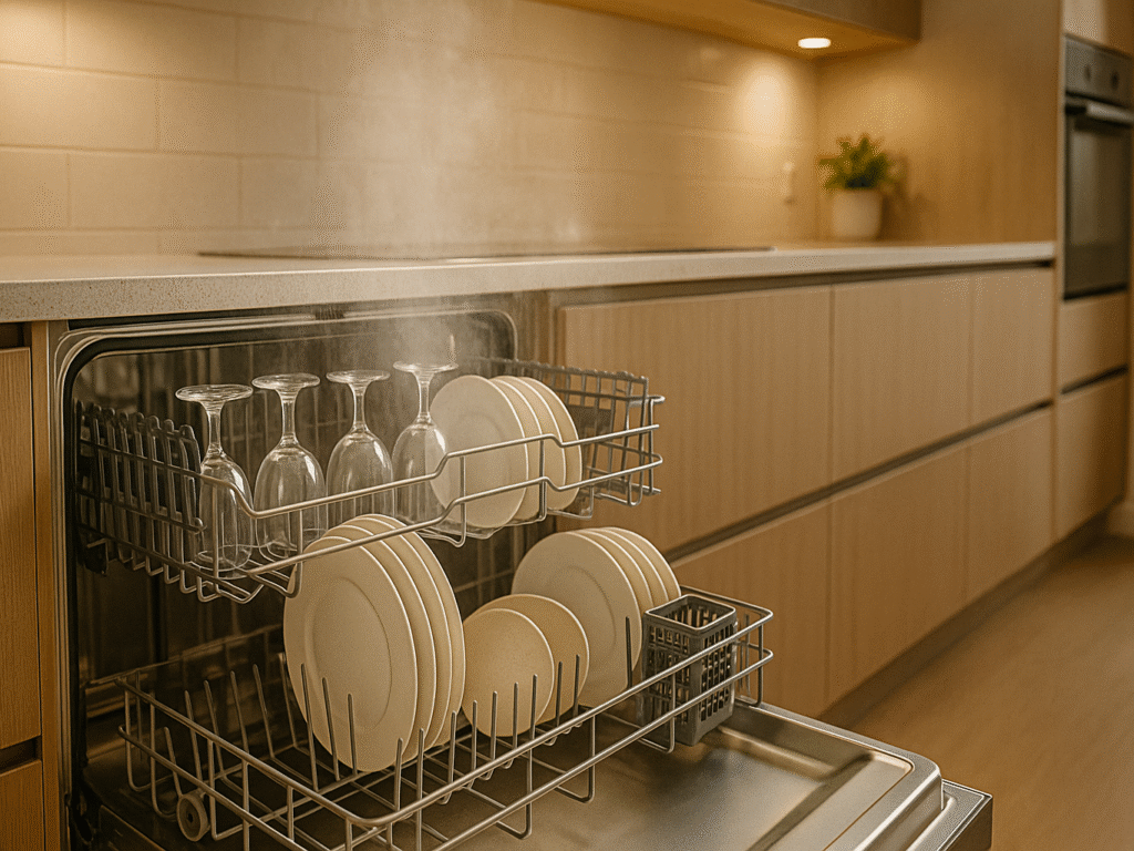 An open dishwasher with sparkling clean dishes inside, steam gently rising, in a bright, modern kitchen setting.