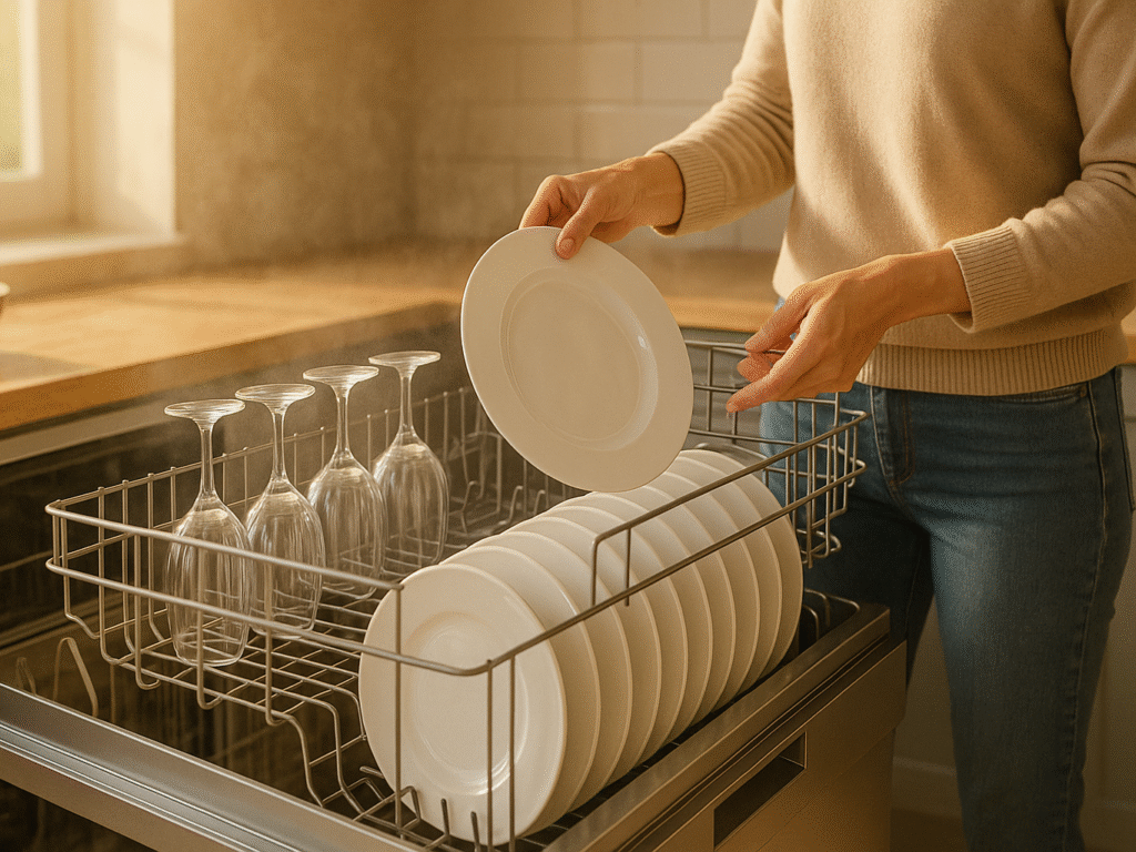 A person unloading dry, gleaming dishes from a dishwasher, with gentle light reflecting off spotless glassware and plates.