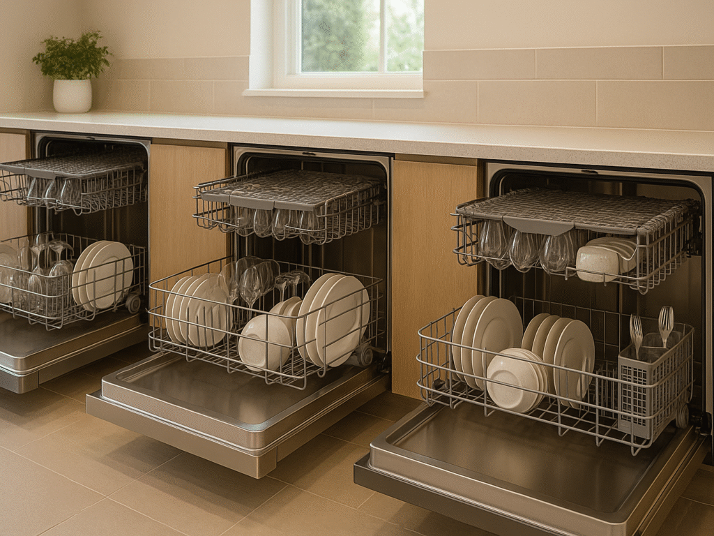 Three modern dishwashers with open doors showcasing varied third rack styles and utensil basket placements, in a bright, clean kitchen showroom.
