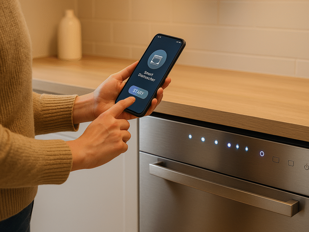 A modern kitchen setup with a person using a smartphone to control a sleek, built-in dishwasher, with subtle LED lights glowing on the appliance.