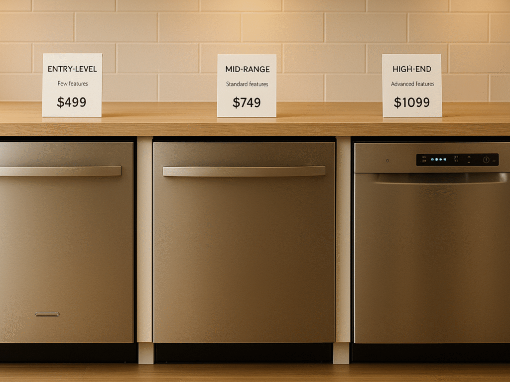 Three dishwashers displayed in a showroom setting, each labeled with different price tiers, surrounded by small info cards highlighting key features.
