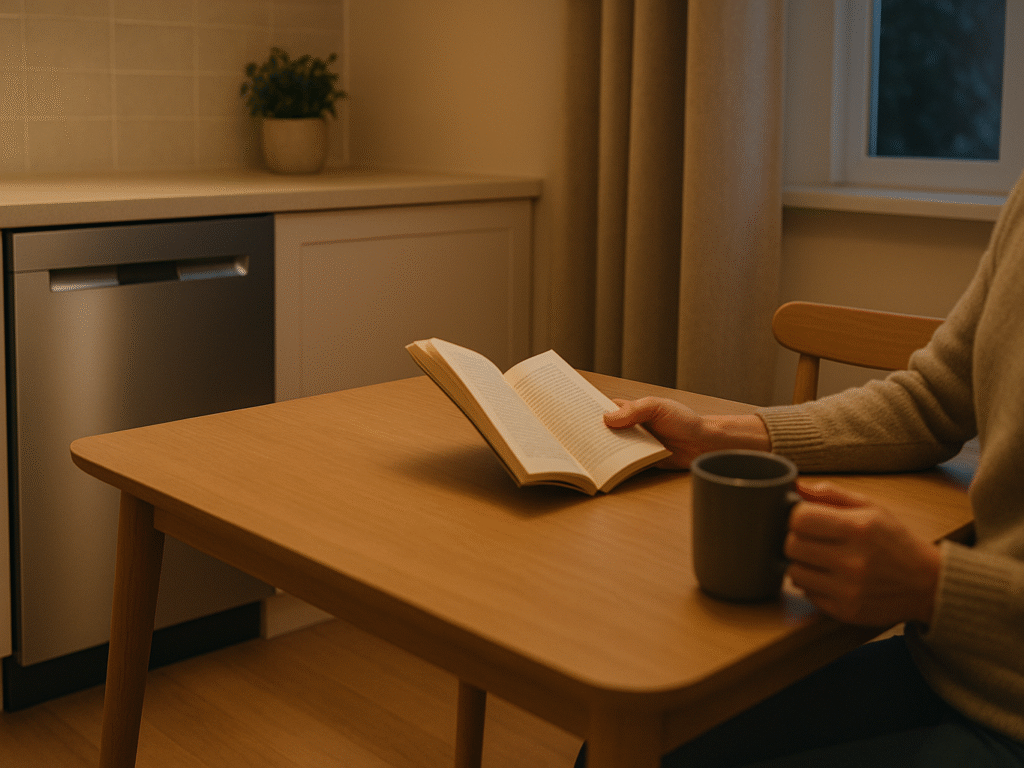 A peaceful kitchen scene with a running dishwasher so quiet you can barely tell it's on, while a person reads a book nearby with a cup of tea.