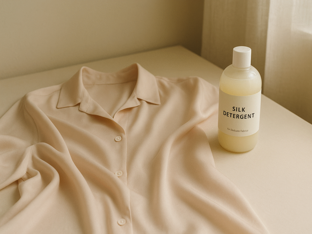 A delicate silk blouse laid out beside a gentle detergent bottle labeled for silk, with soft folds and a light, airy feel to the fabric.
