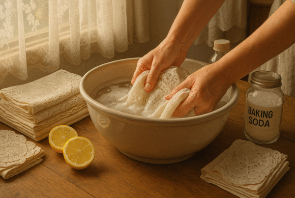 A pair of hands gently washing delicate white lace fabric in a ceramic basin filled with soapy water, placed on a wooden table. Nearby, neatly folded lace doilies and vintage linens rest beside natural cleaning supplies including baking soda, lemon slices, and a small bottle of oxygen bleach. Sunlight streams through a window with sheer lace curtains, casting warm, soft light across the workspace. The atmosphere is calm, natural, and focused on gentle, sustainable fabric care.