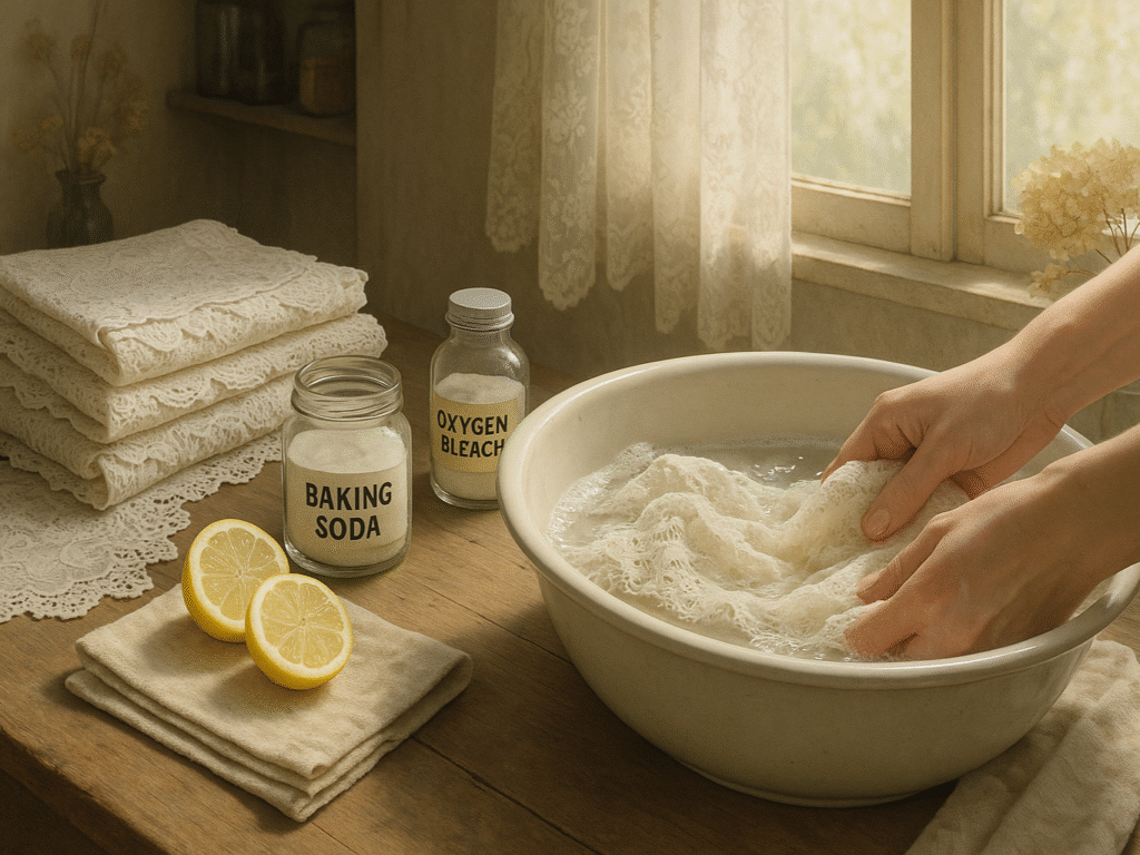 A soft, elegant flat lay featuring a variety of lace fabric samples—cotton, synthetic, vintage, and hand-made—arranged artfully on a rustic wooden table. The textures and patterns of each lace piece are clearly visible, showcasing their unique characteristics. Surrounding the fabrics are delicate sewing tools like vintage scissors, wooden spools of thread, and dried flowers. Warm natural light filters through a nearby window with sheer lace curtains, casting gentle shadows and creating a calm, inviting atmosphere that highlights the beauty and diversity of lace fabrics.
