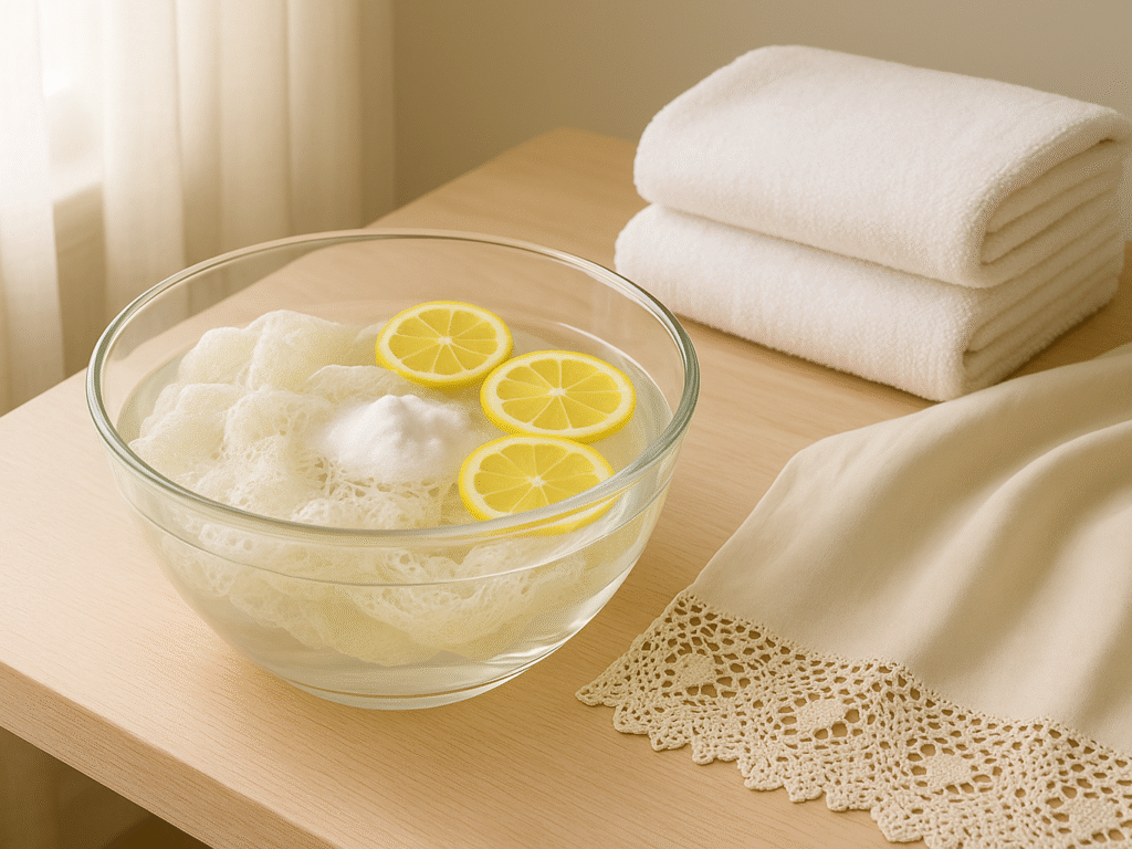 A delicate piece of white lace gently soaking in a clear glass basin filled with water, lemon slices, and baking soda on a sunlit wooden surface, with soft towels and vintage linen nearby for a clean, fresh aesthetic.
