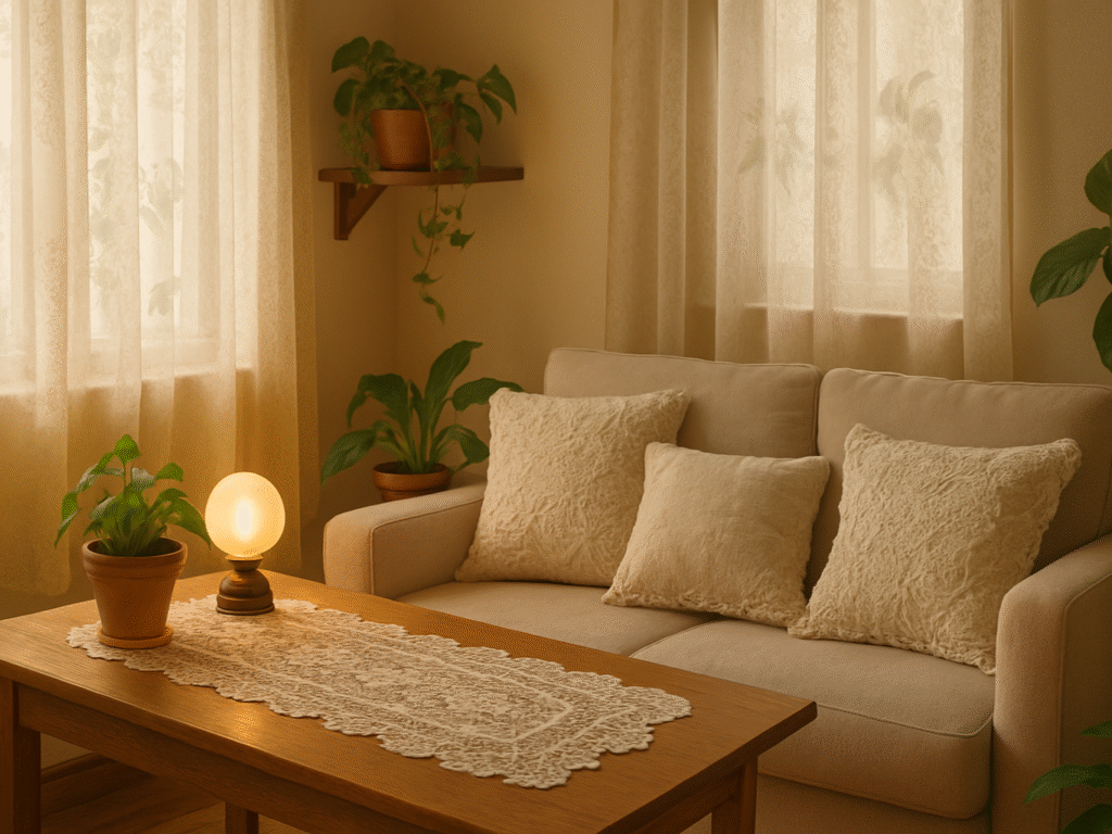 A cozy, sunlit interior featuring various lace accents—curtains, table runners, and decorative pillows—styled in a vintage-inspired, elegant home setting.