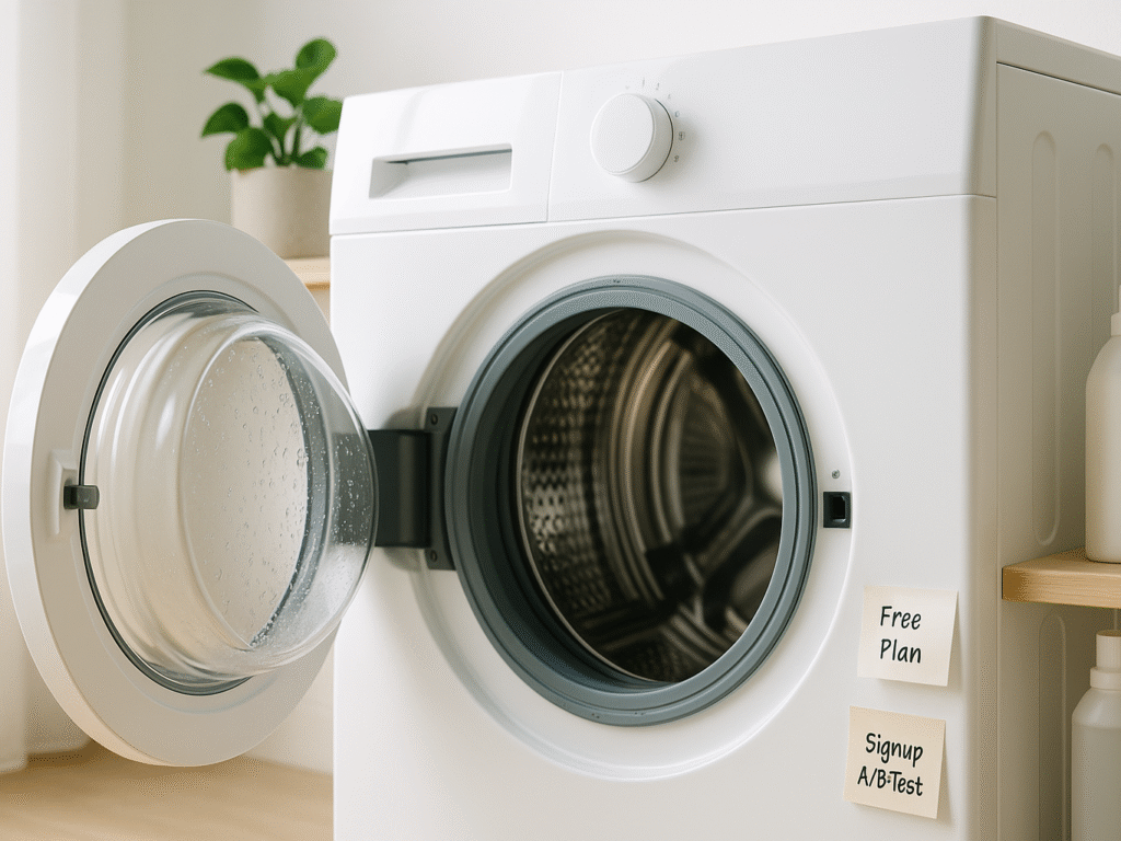 A modern front-loading washing machine door slightly open with visible water droplets on the rubber seal. Soft natural light highlights the clean white exterior. Nearby, a small houseplant and detergent bottles add a fresh, homey touch. The setting conveys cleanliness and freshness, contrasting with the hidden causes of washing machine odors.