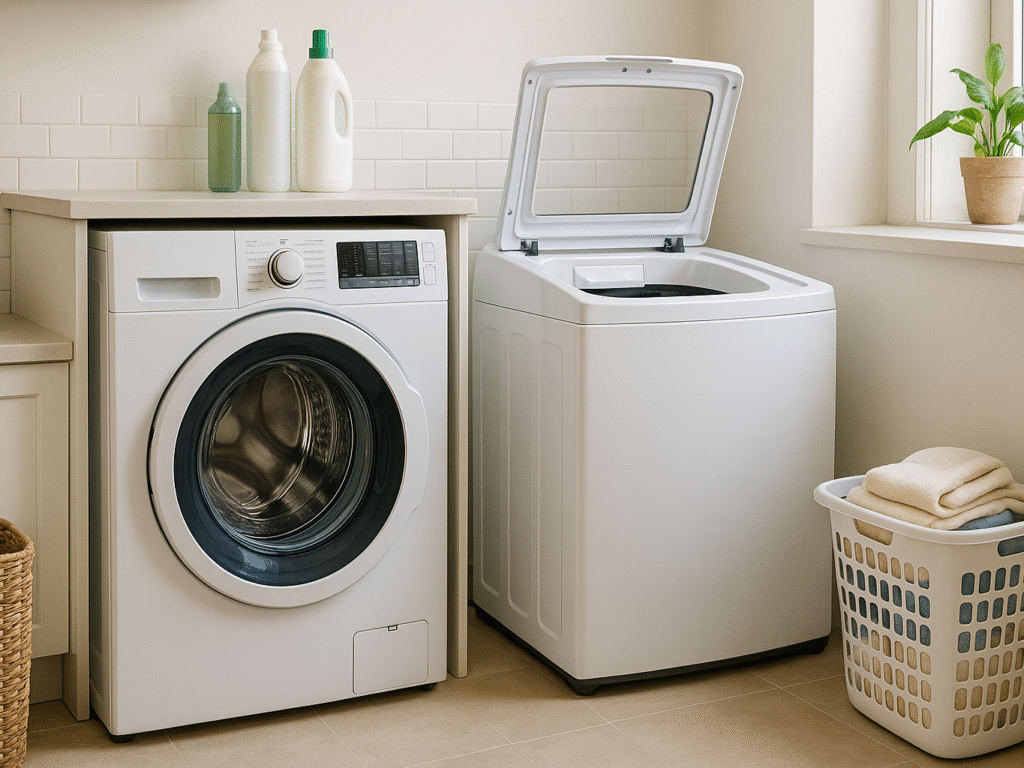 Side-by-side view of a front-loading washing machine and a top-loading washing machine in a bright, modern laundry room. The front loader has a transparent circular door, and the top loader’s lid is open, revealing the drum. The setting is clean and organized, with detergent bottles and laundry baskets nearby, highlighting the contrast between the two washing machine types.