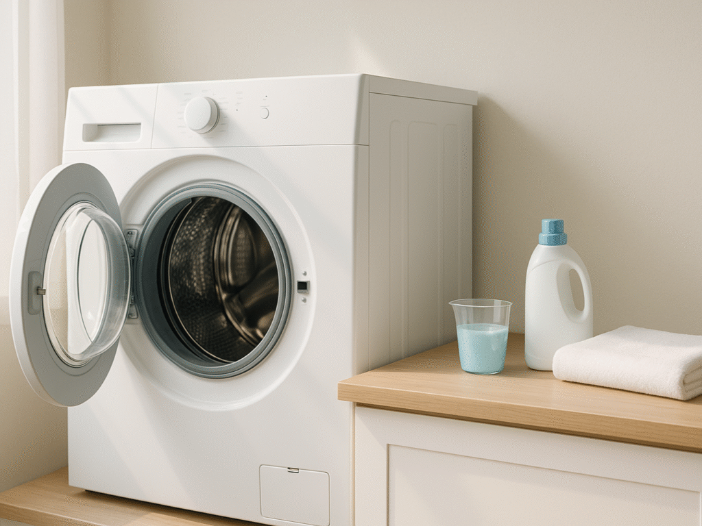 A bright, airy laundry room with a front-loading washing machine door left slightly open, allowing sunlight to stream in. Nearby, a small bottle of detergent, a measuring cup with detergent, and a clean, folded towel sit on a wooden countertop. The scene conveys freshness, cleanliness, and the idea of maintenance and prevention.