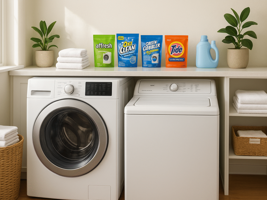A clean and modern laundry room featuring front-load and top-load washing machines, with popular washing machine cleaner products like Affresh, OxiClean, and Green Gobbler placed neatly on a shelf. Natural light fills the space, highlighting laundry essentials, folded towels, and a fresh, odor-free atmosphere.