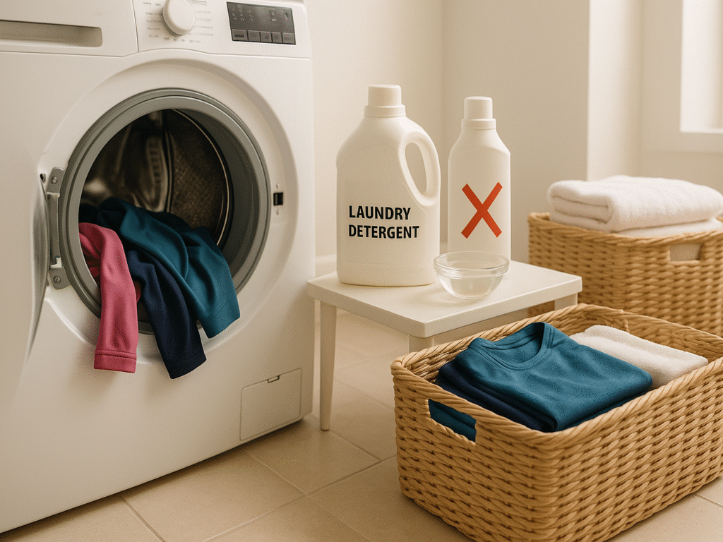 A modern laundry area with synthetic gym clothes being loaded into a front-load washing machine. Nearby, a small detergent container, a bowl of vinegar, and a fabric softener bottle with an “X” on it emphasize odor-safe washing techniques. Separate baskets hold performance fabrics and heavier laundry items, showcasing fabric-specific sorting.

