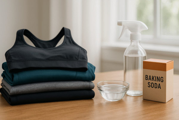 A neatly folded stack of colorful gym clothes made from synthetic fabrics like polyester and spandex sits on a clean wooden surface. Nearby, a small spray bottle, a bowl of white vinegar, and a box of baking soda suggest natural odor-fighting solutions. Bright natural light filters in, highlighting the freshness and cleanliness of the scene.