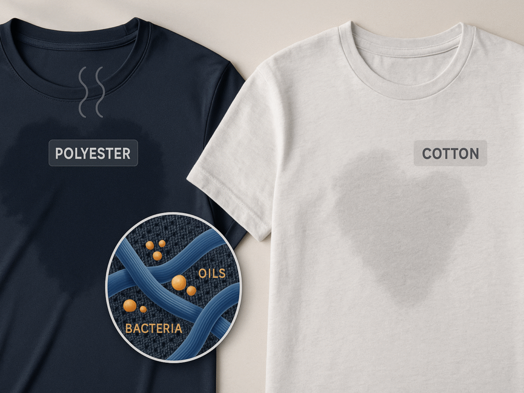 Close-up comparison of polyester and cotton workout shirts side by side on a clean surface. The polyester shirt has slight sweat stains and a magnified texture showing trapped oils and bacteria, while the cotton shirt appears clean. A visual overlay of odor molecules rises from the synthetic fabric, illustrating why gym clothes still smell after washing.

