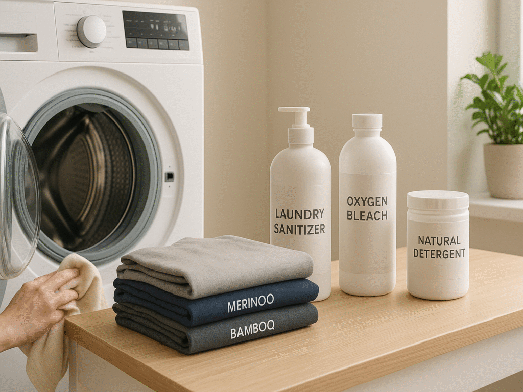 A bright, modern laundry setup with eco-friendly laundry products neatly displayed. A front-load washer is open, showing clean workout clothes inside. Nearby, bottles labeled “laundry sanitizer” and “oxygen bleach” sit beside a stack of fresh-smelling gym clothes made of both synthetic and natural fabrics like merino wool and bamboo. The space feels clean, organized, and naturally lit, emphasizing freshness and fabric care.

