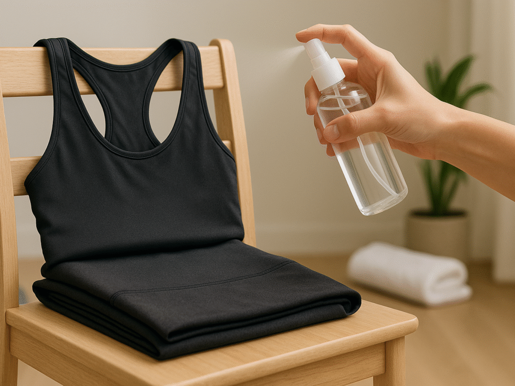 A set of gym clothes including leggings and a tank top laid out neatly on a wooden bench or chair. A hand is seen lightly misting them with a natural odor-eliminating fabric spray. The scene is softly lit with warm, natural sunlight filtering through a nearby window, creating a clean and calm atmosphere. A small plant and a water bottle sit nearby, suggesting a post-workout vibe.

