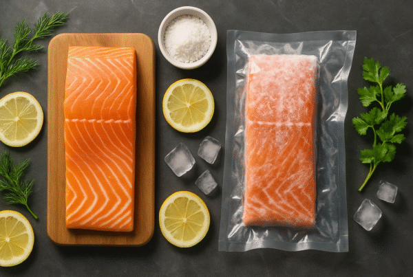 Fresh raw salmon fillet and vacuum-sealed frozen salmon side by side on a rustic wooden table with herbs, lemon slices, and ice cubes for contrast.
