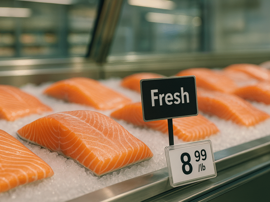 Thawed salmon fillet in a grocery store seafood case labeled as fresh, surrounded by ice, with subtle signs of previous freezing.