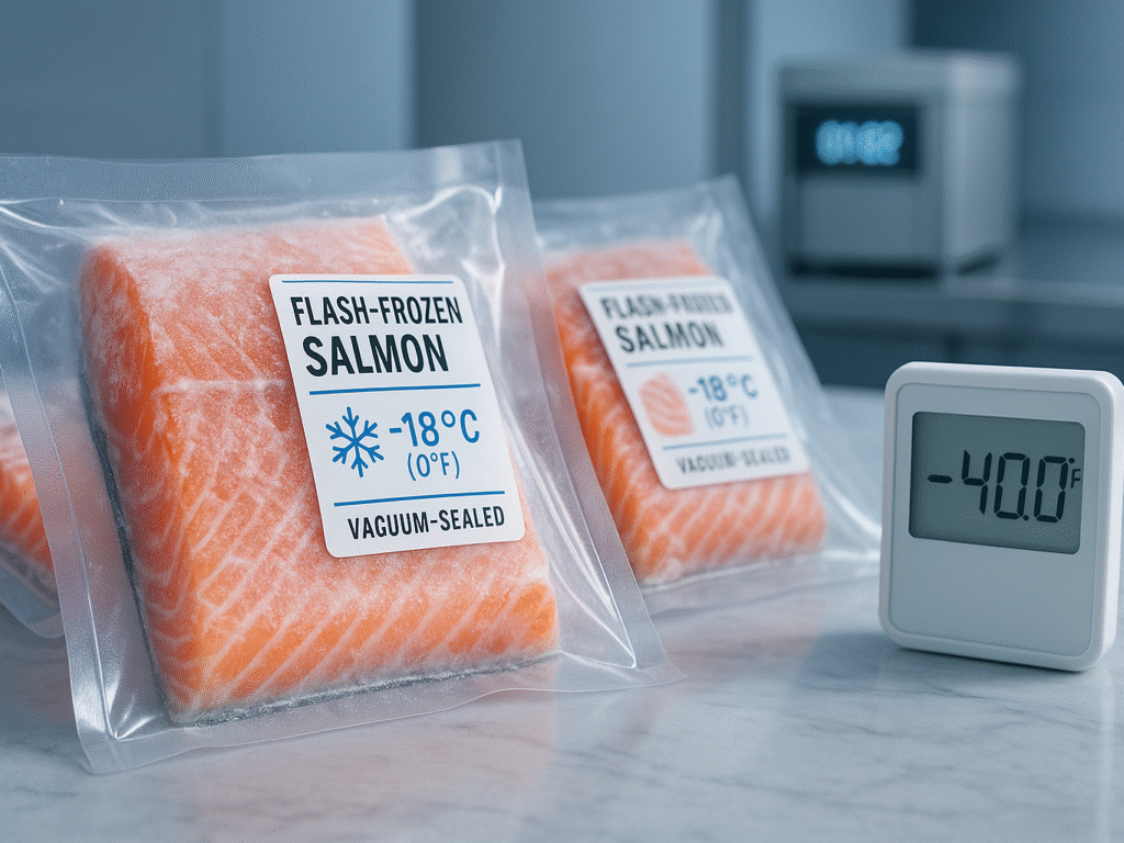 Vacuum-sealed flash-frozen salmon fillets stacked neatly on a clean surface with frost and temperature labels visible, illustrating freshness and extended shelf life.