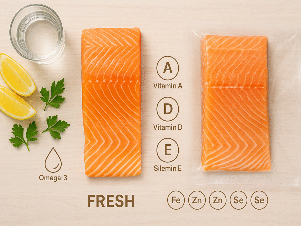 Fresh and frozen salmon fillets placed side by side with nutrition labels, omega-3 icons, and vitamin markers like A, D, and E in a clean kitchen setting.