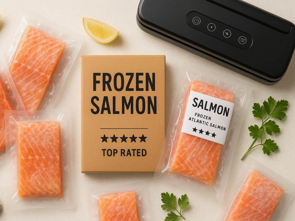 Assortment of vacuum-sealed frozen salmon fillets and a compact vacuum sealer machine on a clean countertop, surrounded by fresh herbs and lemon slices for a home-cooking vibe.