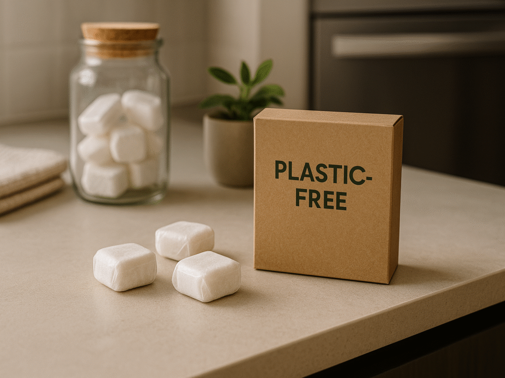 Eco-friendly dishwasher detergent tablets in biodegradable wrapping next to plants and reusable kitchen items in a modern home environment.