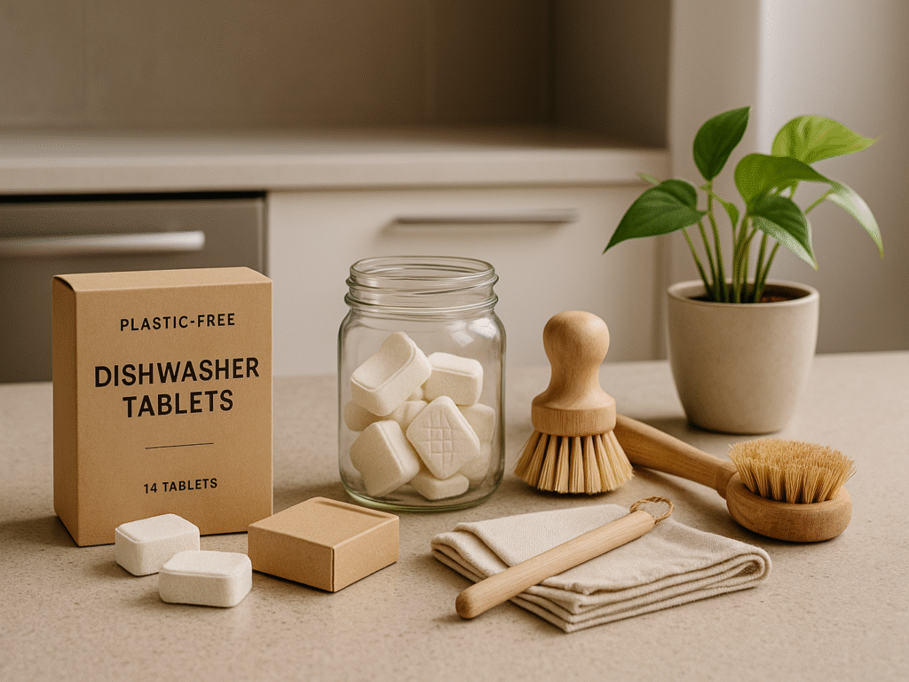 Photorealistic display of eco-friendly cleaning supplies in compostable or recyclable packaging, highlighting a transition away from plastic-based products.