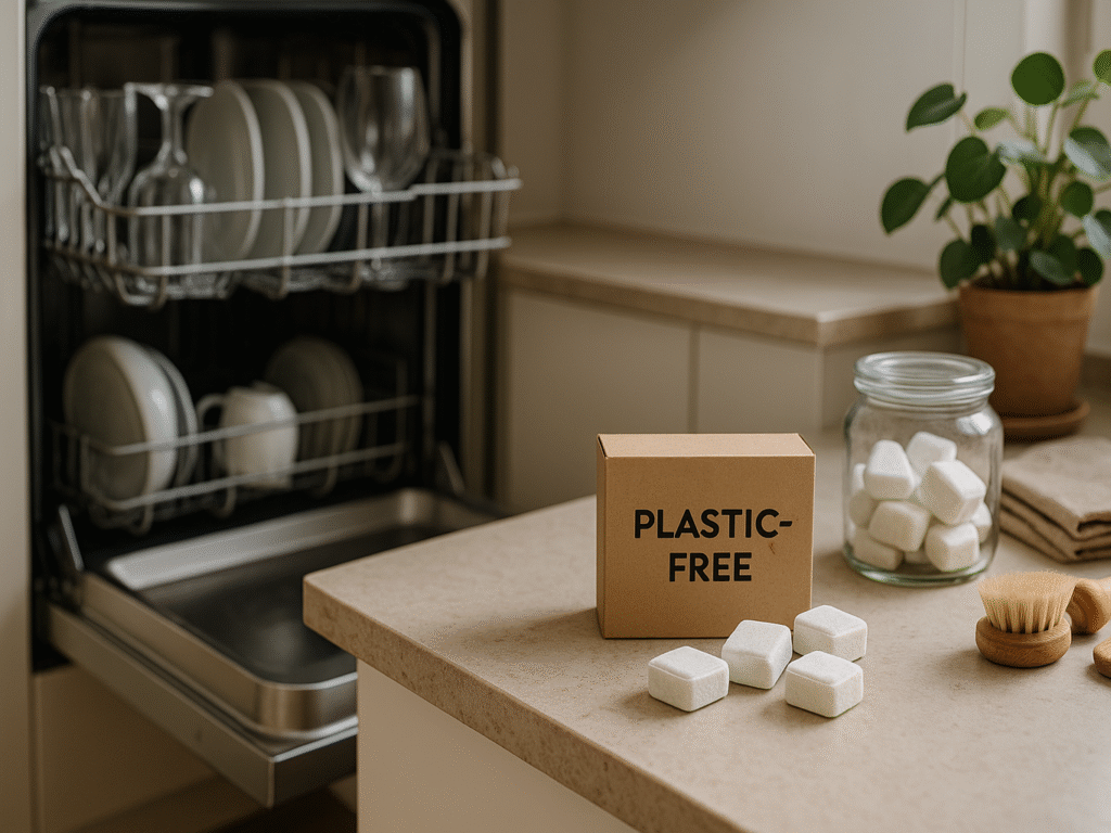 A bright, minimalist kitchen showing sustainable cleaning products next to a running dishwasher, symbolizing optimized eco-friendly dishwashing practices.