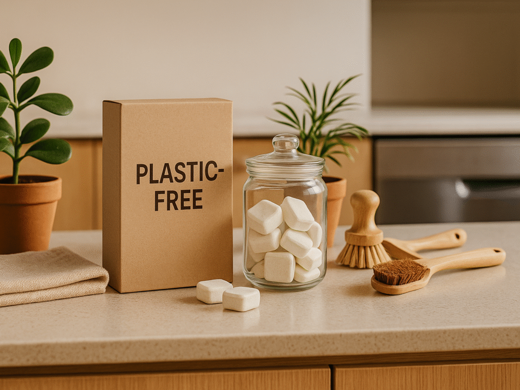 A photorealistic kitchen countertop displaying high-quality, plastic-free dishwasher detergents in compostable packaging, alongside eco-friendly cleaning tools and houseplants, emphasizing sustainability and modern cleaning performance.