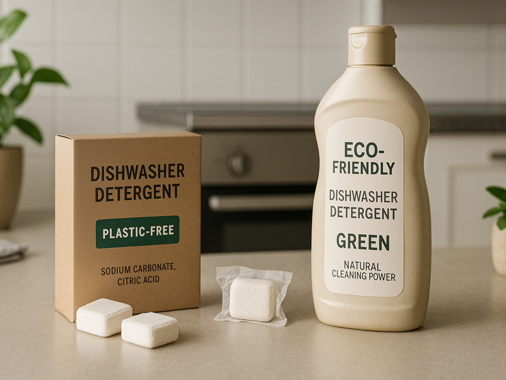 A modern kitchen display featuring biodegradable dishwasher tablets and bottles with ingredient labels, emphasizing the comparison between authentic and misleading “eco-friendly” claims.