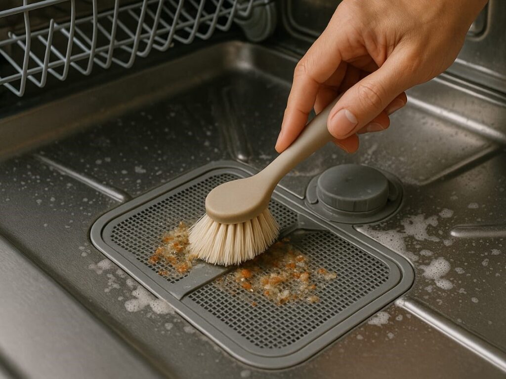 Close-up of a dishwasher filter tray with visible food particles and residue, alongside a hand holding a soft cleaning brush.