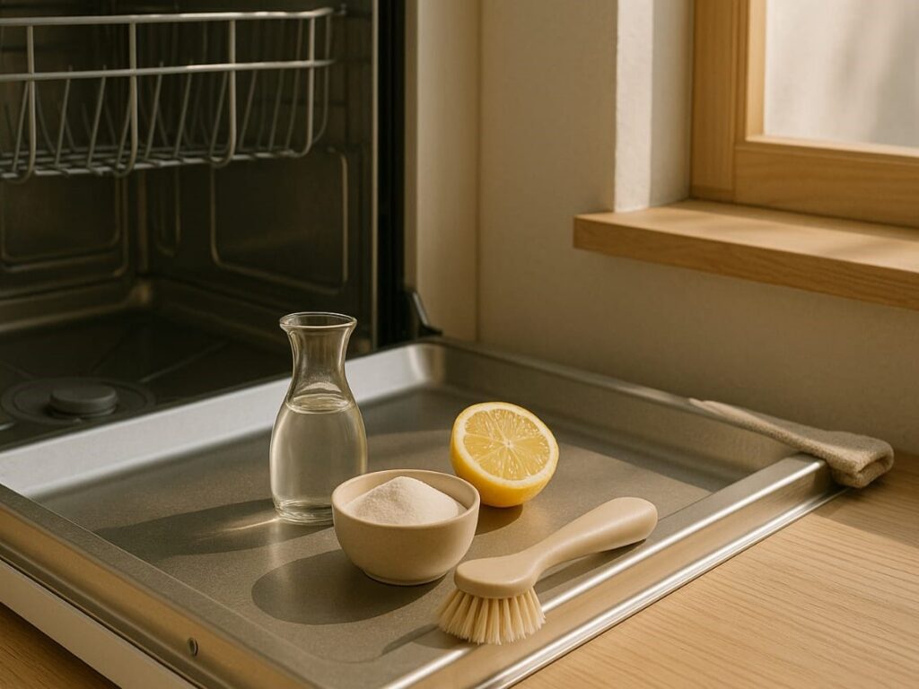 Natural cleaning ingredients like white vinegar, baking soda, and lemons arranged neatly beside an open dishwasher, ready for use.