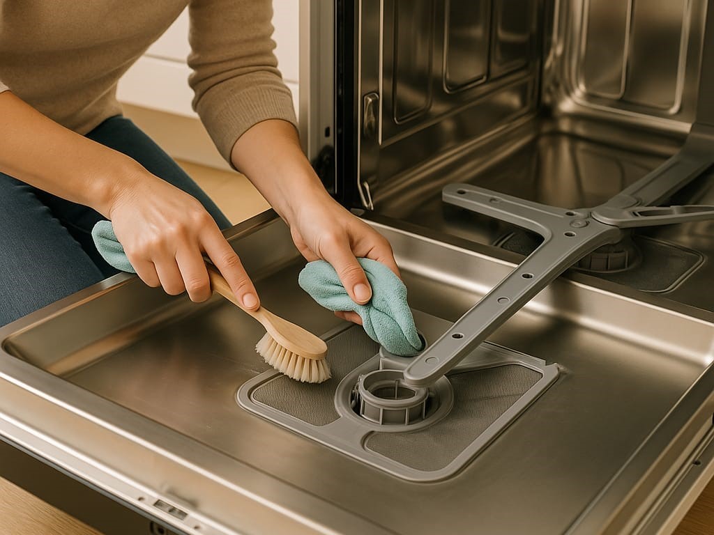 A person carefully cleaning the inside of an open dishwasher, focusing on the spray arms and filter with a soft brush and cloth.