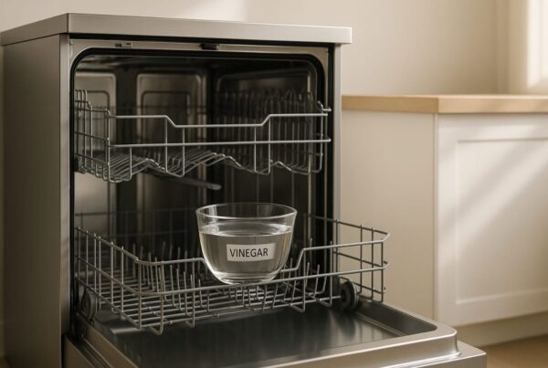 An open dishwasher with a glass bowl of vinegar placed on the top rack, surrounded by soft lighting and clean stainless steel interior.