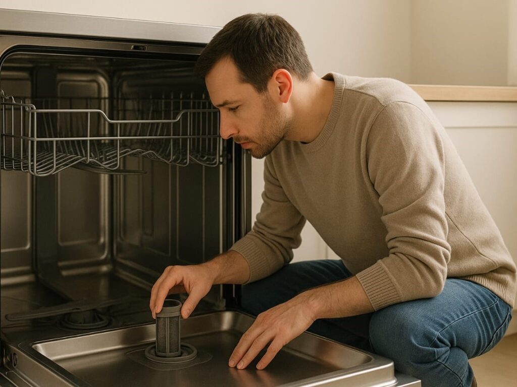 A person gently pulling out the bottom rack of an empty dishwasher, inspecting the filter area with the door fully open.