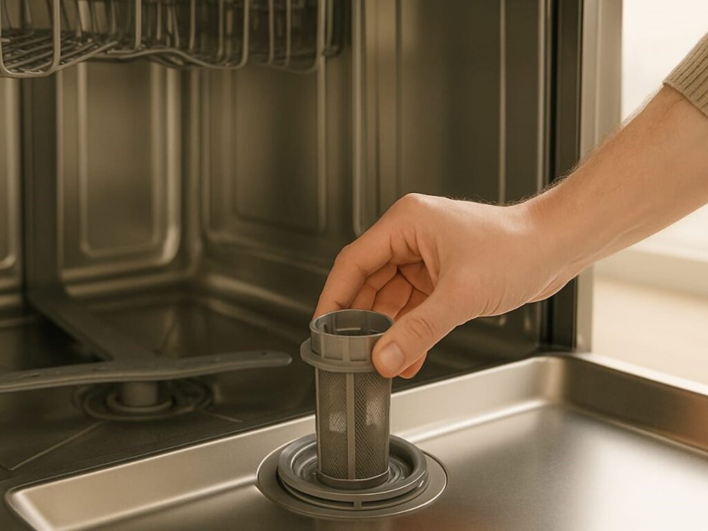 A hand twisting and lifting out a round dishwasher filter from the bottom of an empty dishwasher, with soft daylight highlighting the stainless steel interior.