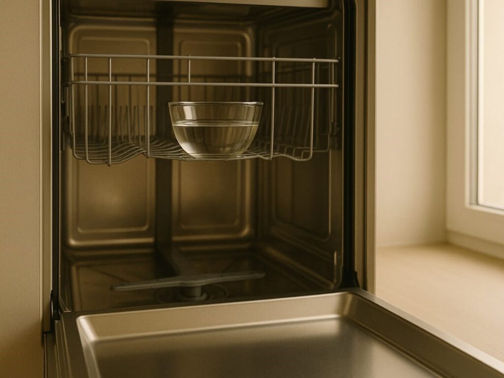 A clear glass bowl filled with white vinegar placed carefully on the top rack of an empty dishwasher, ready for a cleaning cycle.