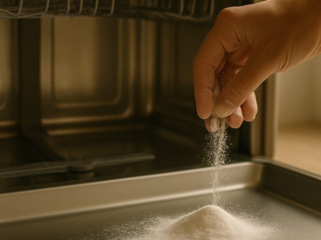 A hand sprinkling white baking soda evenly across the bottom of an empty dishwasher, with soft light reflecting off the stainless steel base.